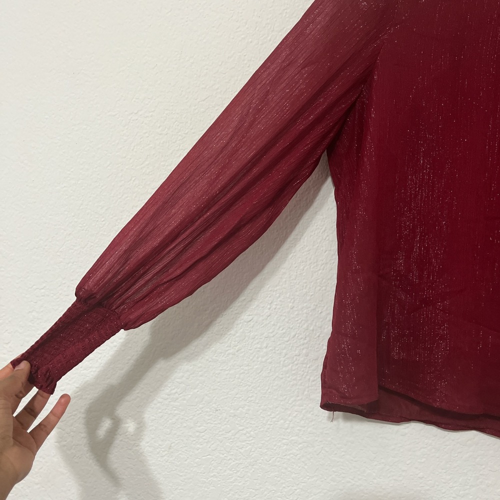 BB Dakota Red Sheer Shimmer Mock Neck Blouse Size Small‎ | Holiday Party Top - Picture 3 of 5